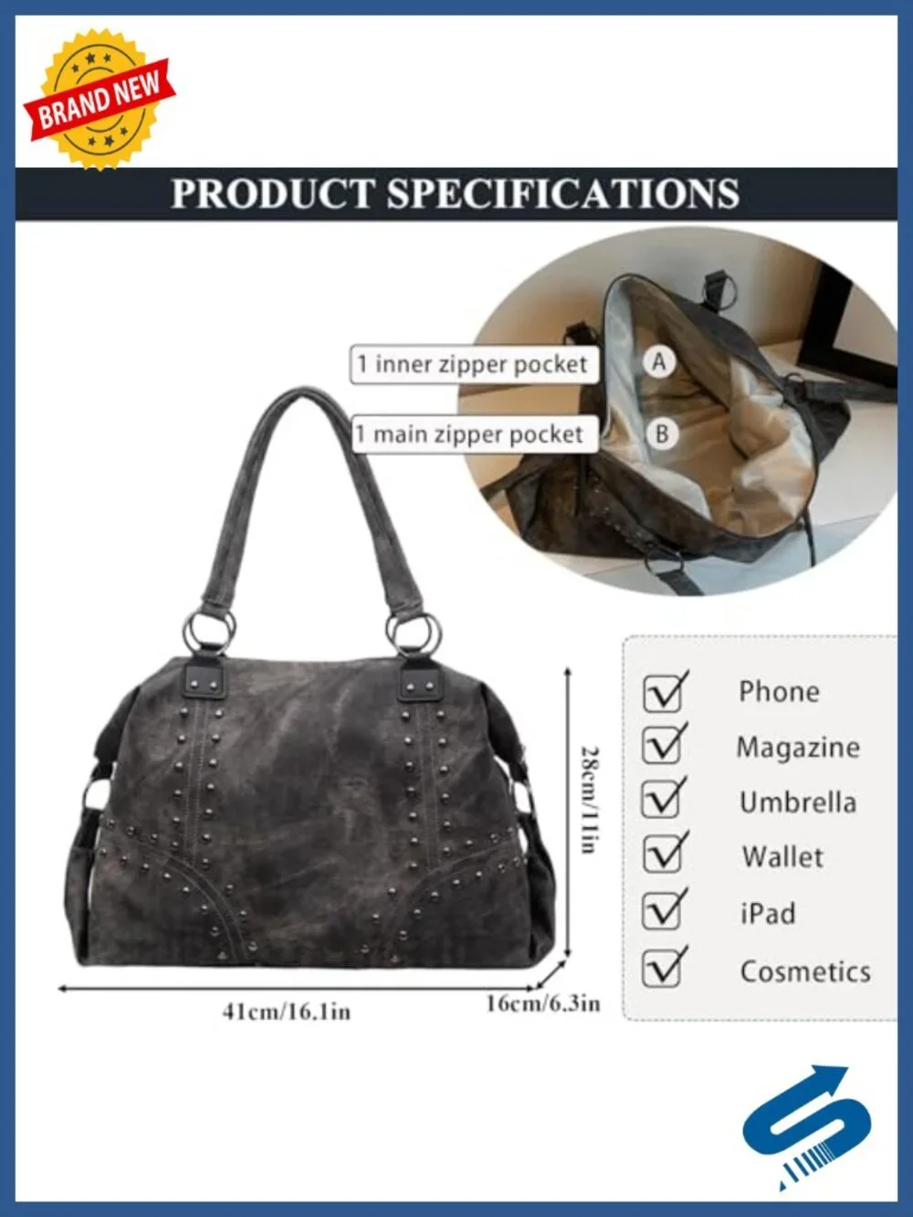 Studded Faux Leather Tote Handbag Top-Handle Hobo Y2K Punk Purse